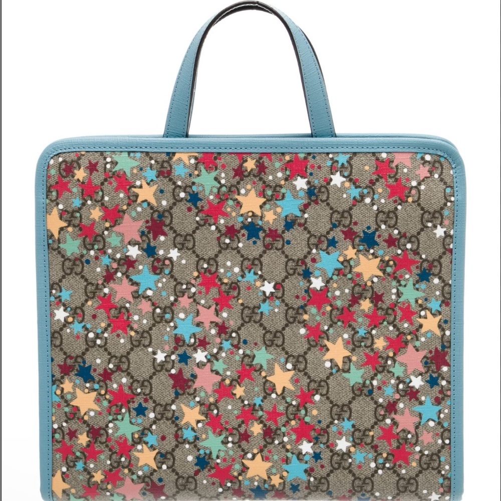 Gucci Multicolor Star Print GG Canvas Tote with Light Blue Trim